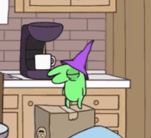 Gif of Glep from Smiling Friends drinking coffee tiredly.