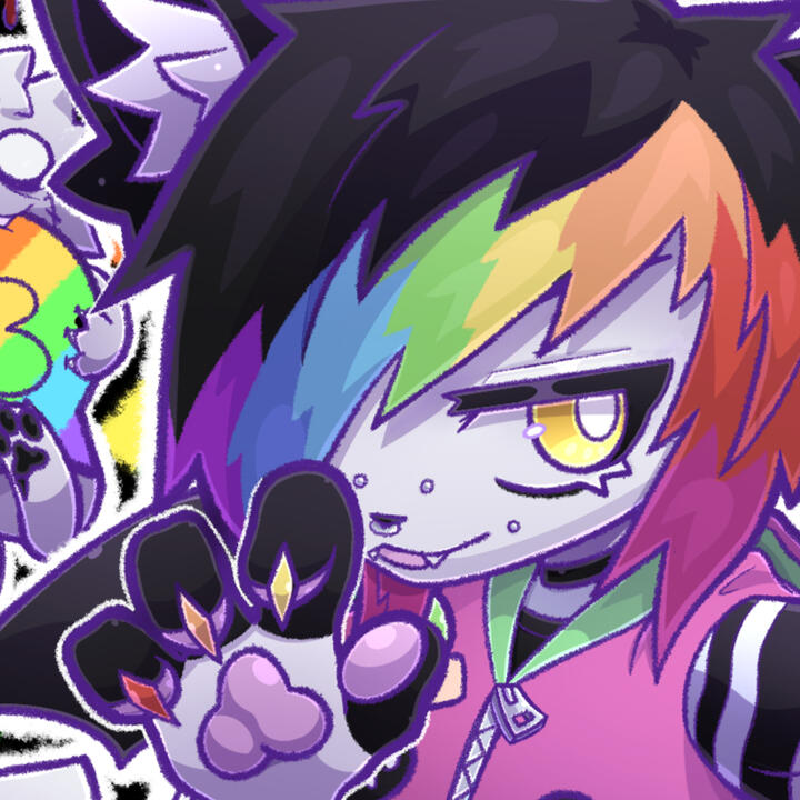 Art of my fursona posing cutely with rainbow nails.