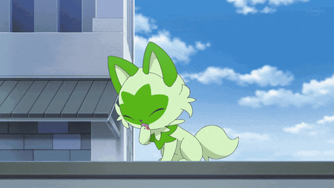 Gif of a Sprigatito jumping towards the viewer.